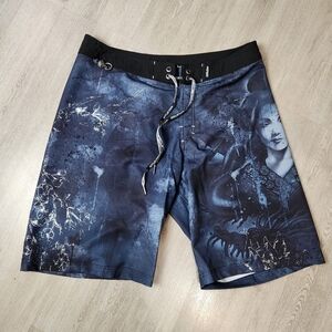 Affliction Mens Size 36 Blue Geisha Samurai Oriental Japanese Swim Board Shorts